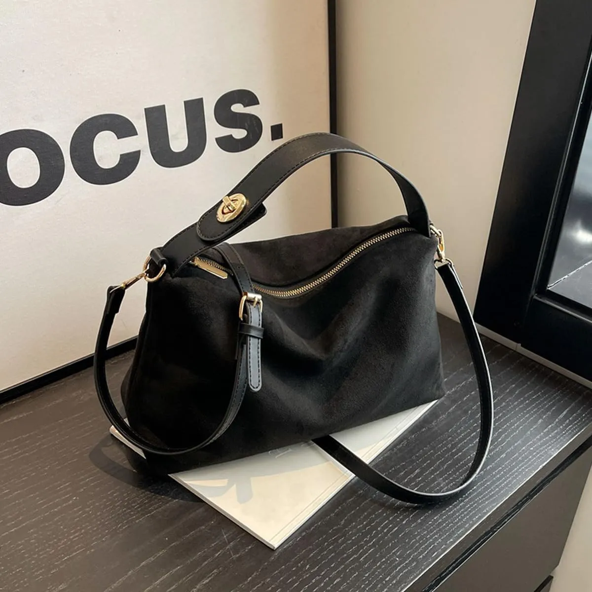 Suede Shoulder Bag, Trendy Brown Faux Suede Tote: Matte Underarm Bag for Fall-Winter, Versatile Commuter Crossbody