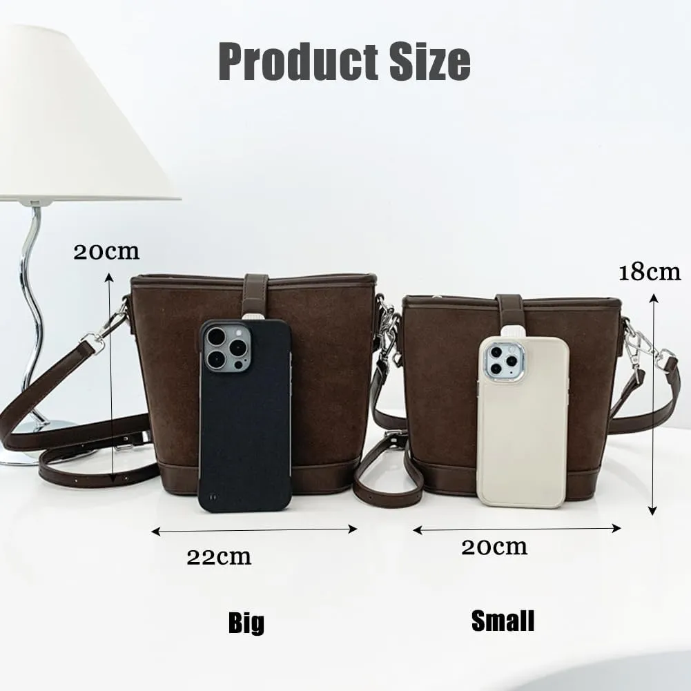 Suede Shoulder Bags for Women Retro Suede Bucket Crossbody Bag Suede Fall Purse Vintage Suede Handbag with Adjustable Strap