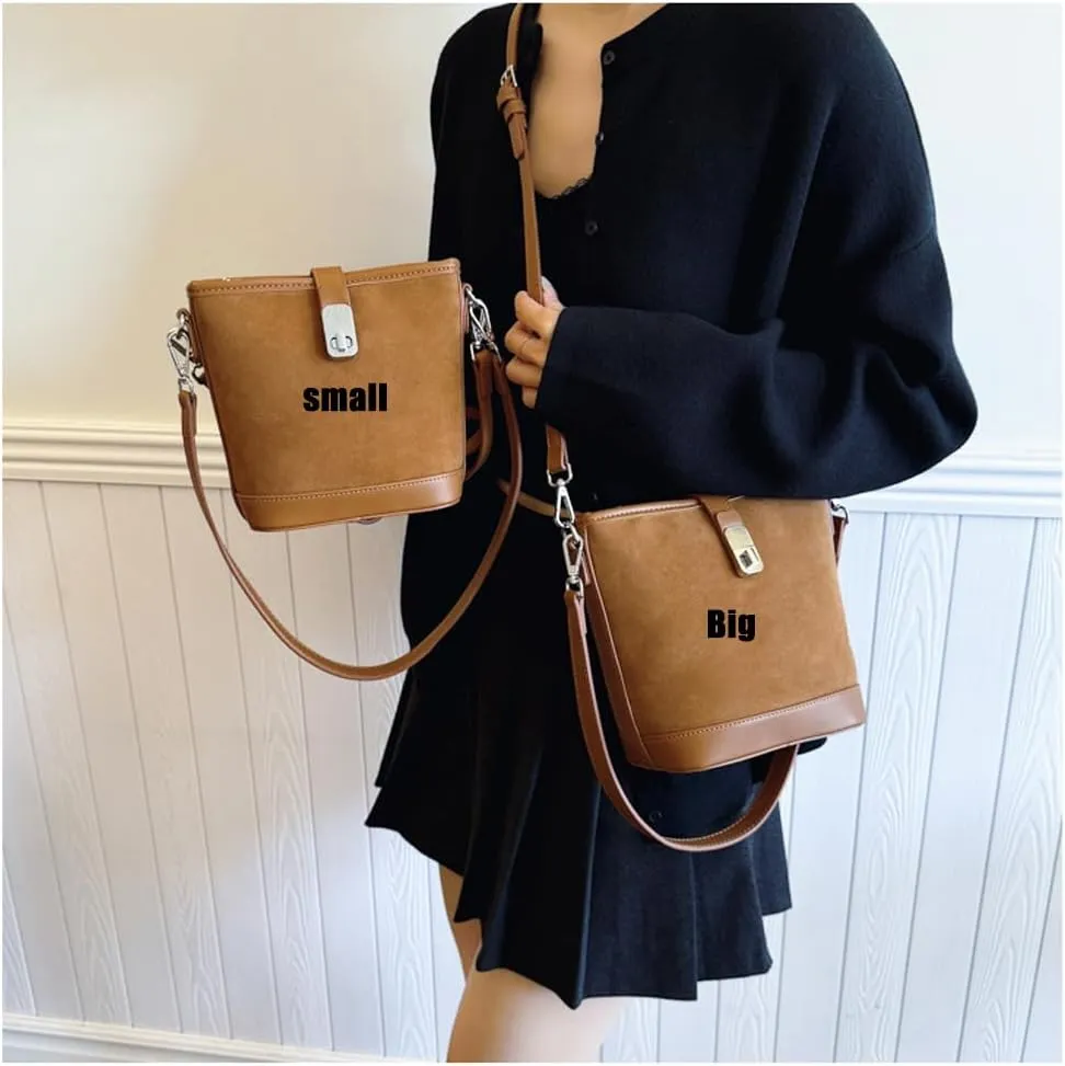 Suede Shoulder Bags for Women Retro Suede Bucket Crossbody Bag Suede Fall Purse Vintage Suede Handbag with Adjustable Strap