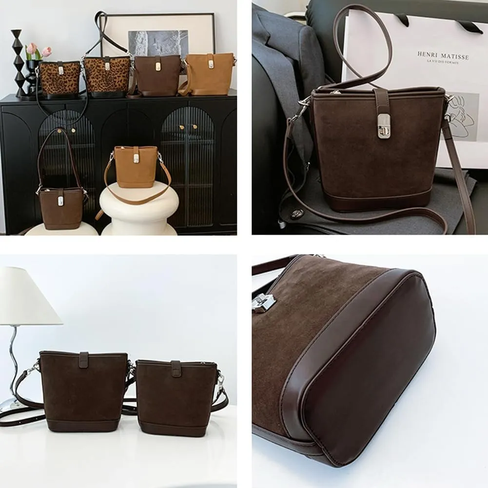 Suede Shoulder Bags for Women Retro Suede Bucket Crossbody Bag Suede Fall Purse Vintage Suede Handbag with Adjustable Strap