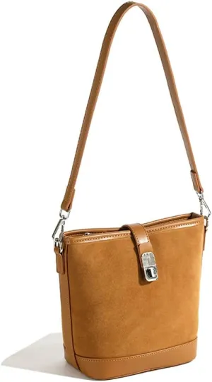 Suede Shoulder Bags for Women Retro Suede Bucket Crossbody Bag Suede Fall Purse Vintage Suede Handbag with Adjustable Strap
