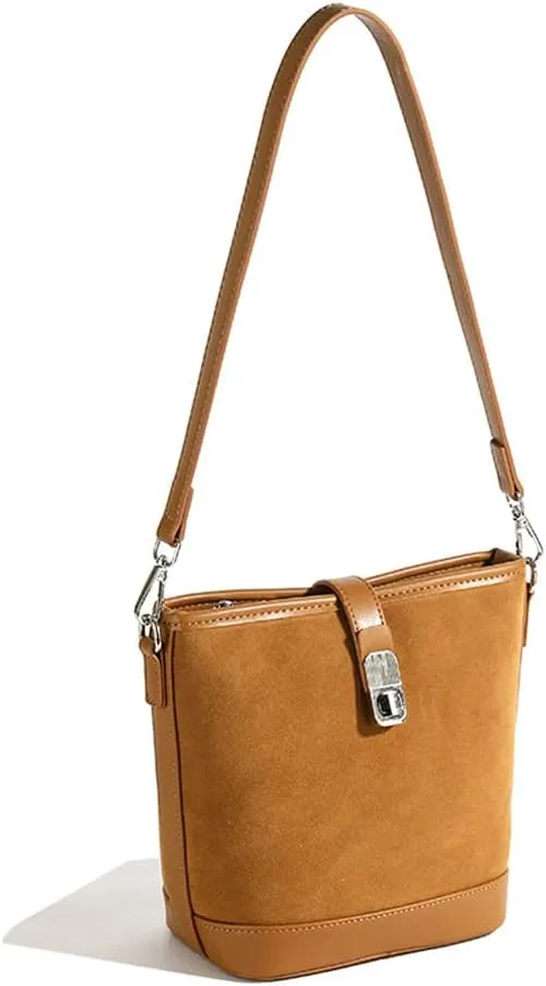Suede Shoulder Bags for Women Retro Suede Bucket Crossbody Bag Suede Fall Purse Vintage Suede Handbag with Adjustable Strap