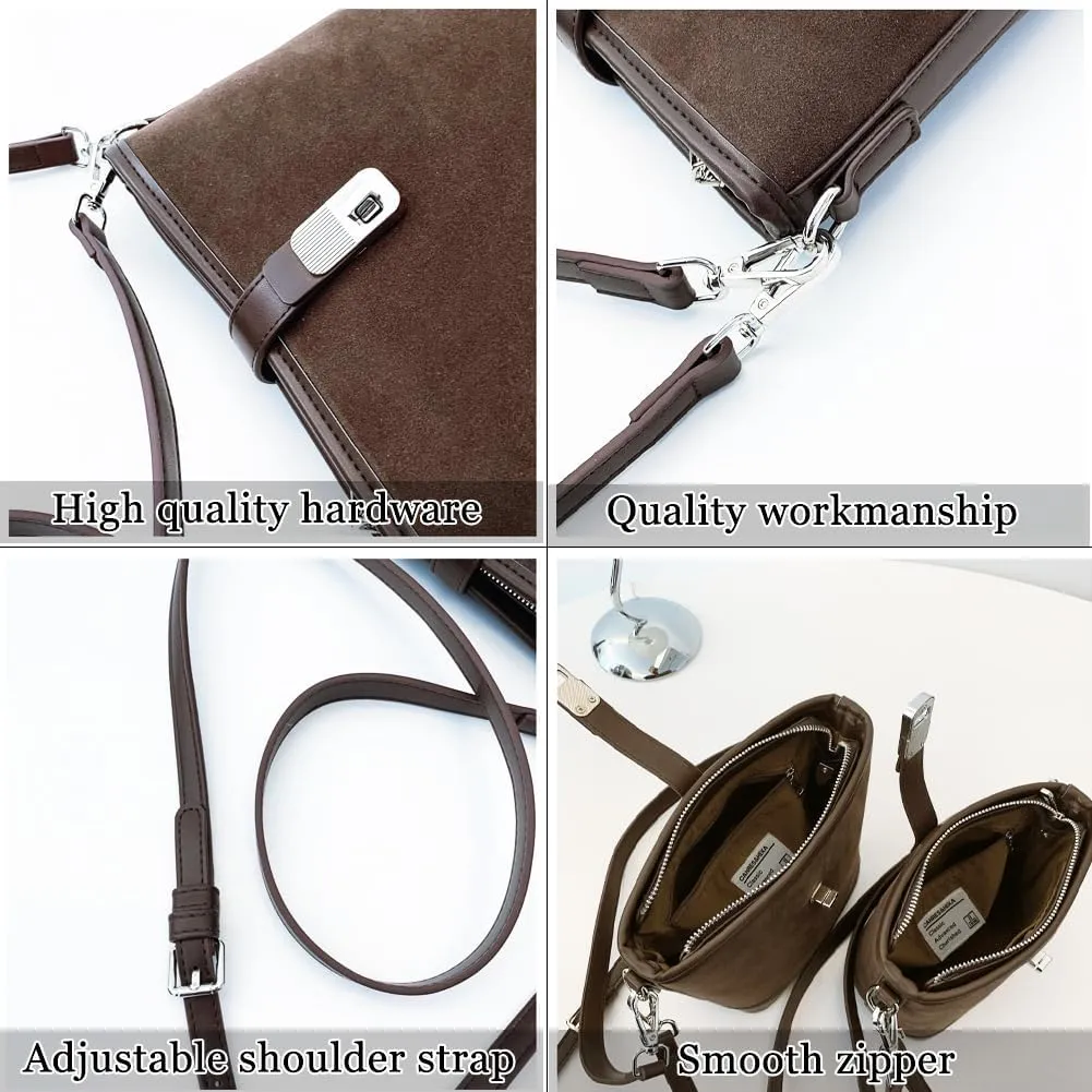 Suede Shoulder Bags for Women Retro Suede Bucket Crossbody Bag Suede Fall Purse Vintage Suede Handbag with Adjustable Strap