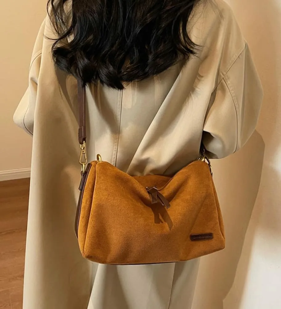 Suede Tote Bag Crossbody Bag for Women Suede Shoulder Bag Handbag Vintage Brown Suede Bag Purse Faux Leather Satchel Bags