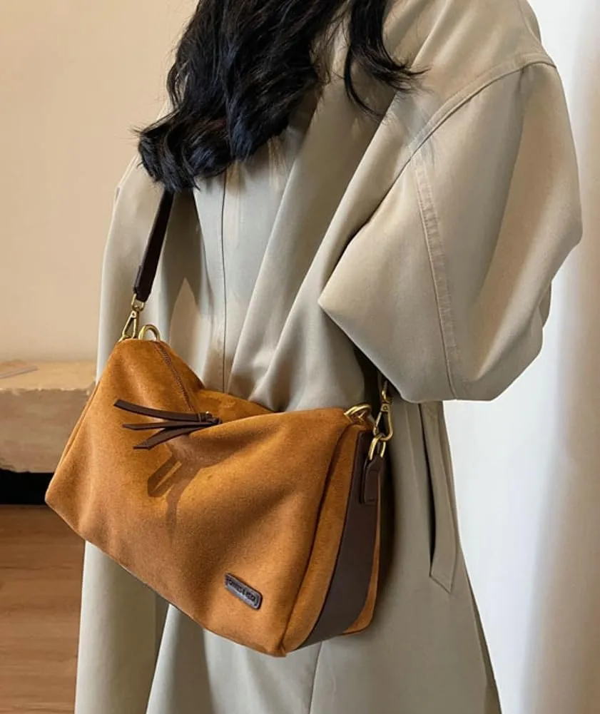 Suede Tote Bag Crossbody Bag for Women Suede Shoulder Bag Handbag Vintage Brown Suede Bag Purse Faux Leather Satchel Bags