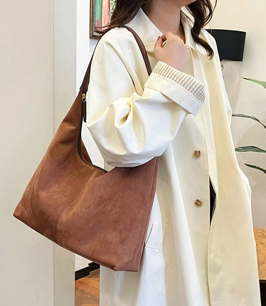 Suede Tote Bag for Women Crescent Satchel Shoulder Bag Fall Suede Handbag Trendy Slouchy Purse Work College Bag