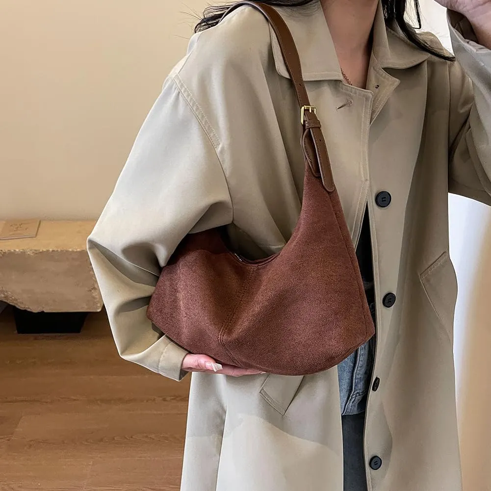 Suede Tote Bag for Women, Crescent Shoulder Bags Large Capacity Handbag Hobo Bag Autumn Leisure Lazy Crossbody Bag