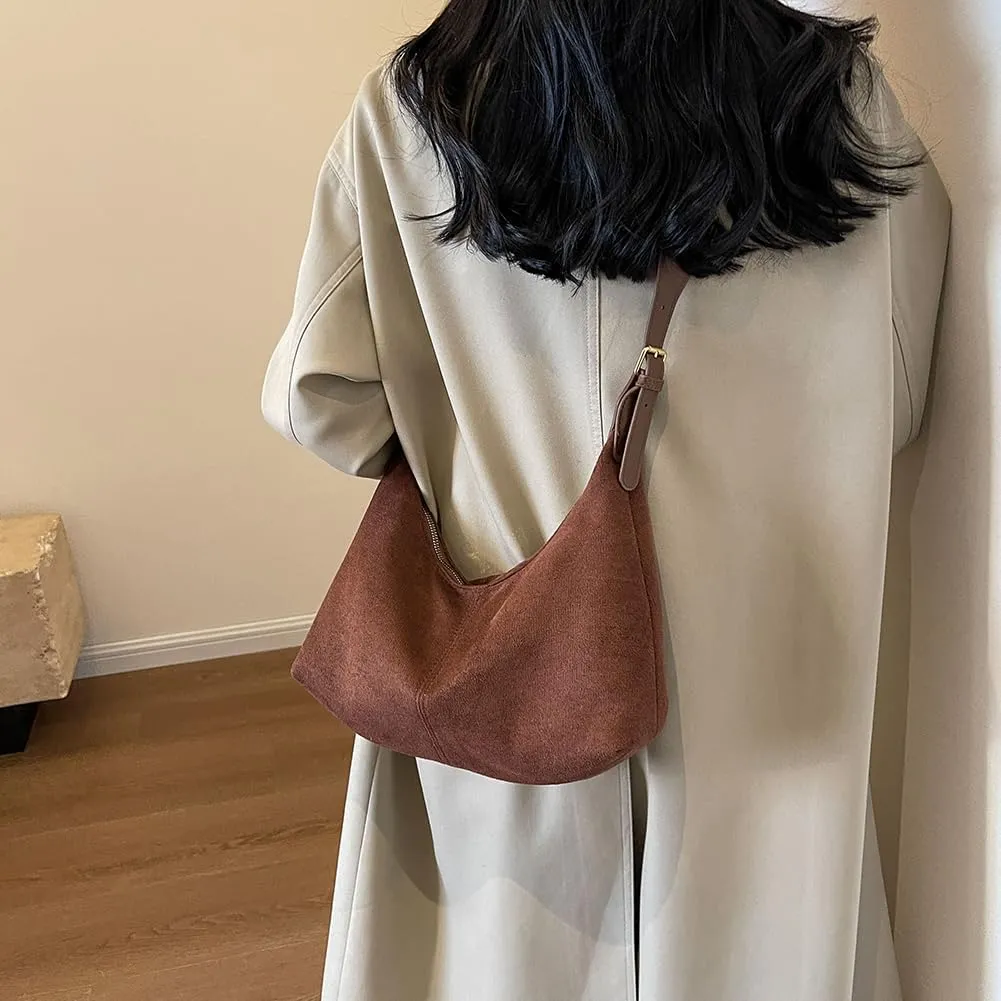 Suede Tote Bag for Women, Crescent Shoulder Bags Large Capacity Handbag Hobo Bag Autumn Leisure Lazy Crossbody Bag