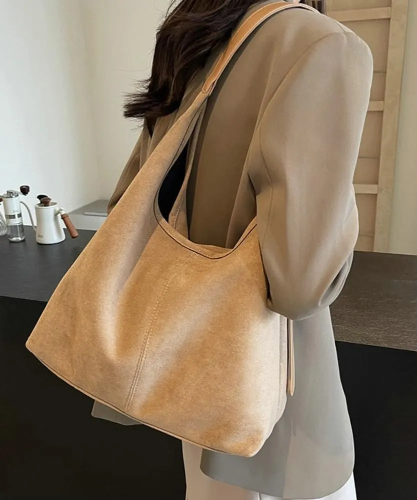 Suede Tote Bag for Women Shoulder Bag Retro Handbags Soft Satchel Stylish Large Two-piece Purse Work Travel