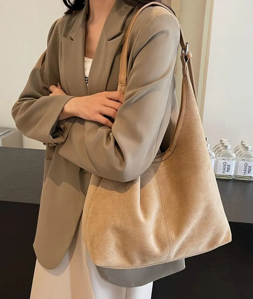 Suede Tote Bag for Women Shoulder Bag Retro Handbags Soft Satchel Stylish Large Two-piece Purse Work Travel