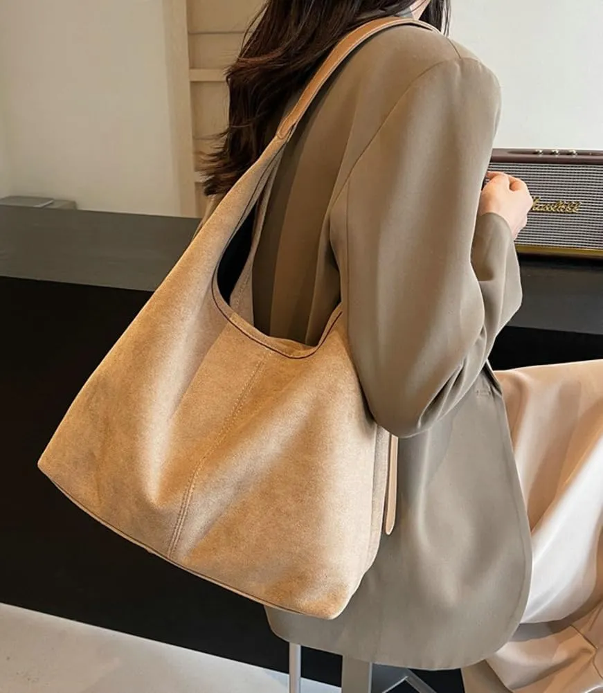 Suede Tote Bag for Women Shoulder Bag Retro Handbags Soft Satchel Stylish Large Two-piece Purse Work Travel