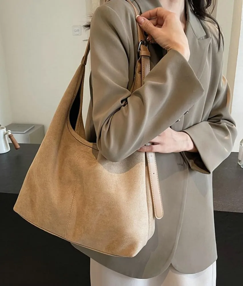 Suede Tote Bag for Women Shoulder Bag Retro Handbags Soft Satchel Stylish Large Two-piece Purse Work Travel