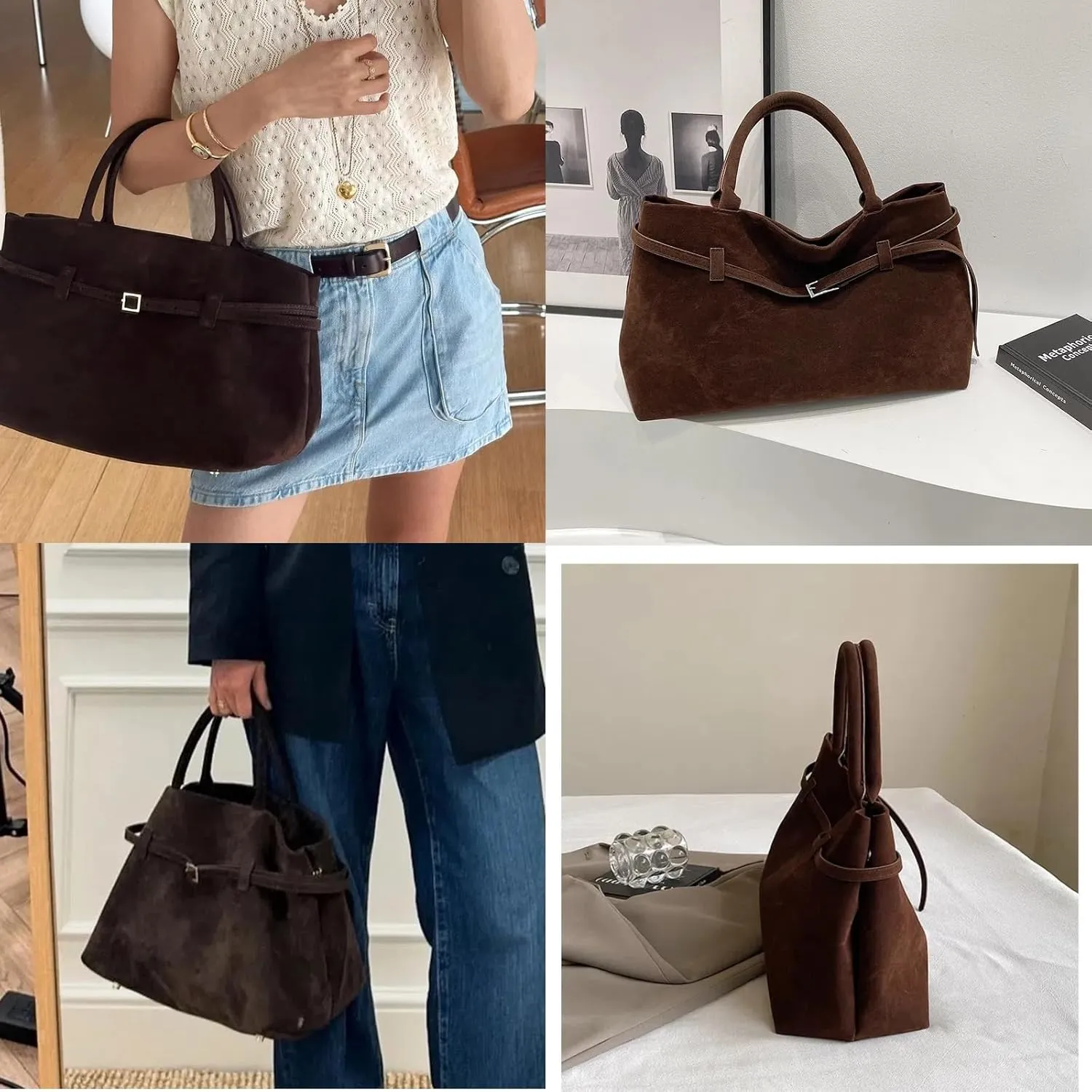Suede Tote Bag for Women, Womens Purse Slouchy Hobo Handbag Brown Retro Top Handle Bag, Fashion Shoulder Satchel Work Bags