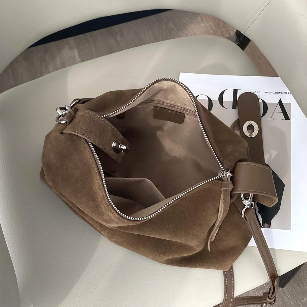 Suede Tote Bags for Women Genuine Leather Suede Purse Handbag Vintage Slouchy Hobo Shoulder Crossbody Bag