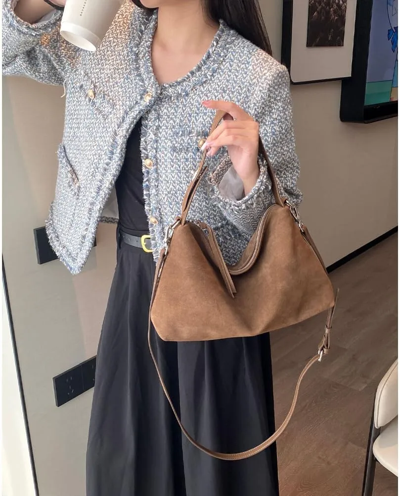 Suede Tote Bags for Women Genuine Leather Suede Purse Handbag Vintage Slouchy Hobo Shoulder Crossbody Bag