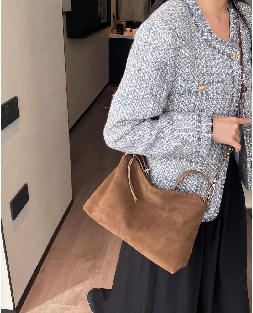 Suede Tote Bags for Women Genuine Leather Suede Purse Handbag Vintage Slouchy Hobo Shoulder Crossbody Bag