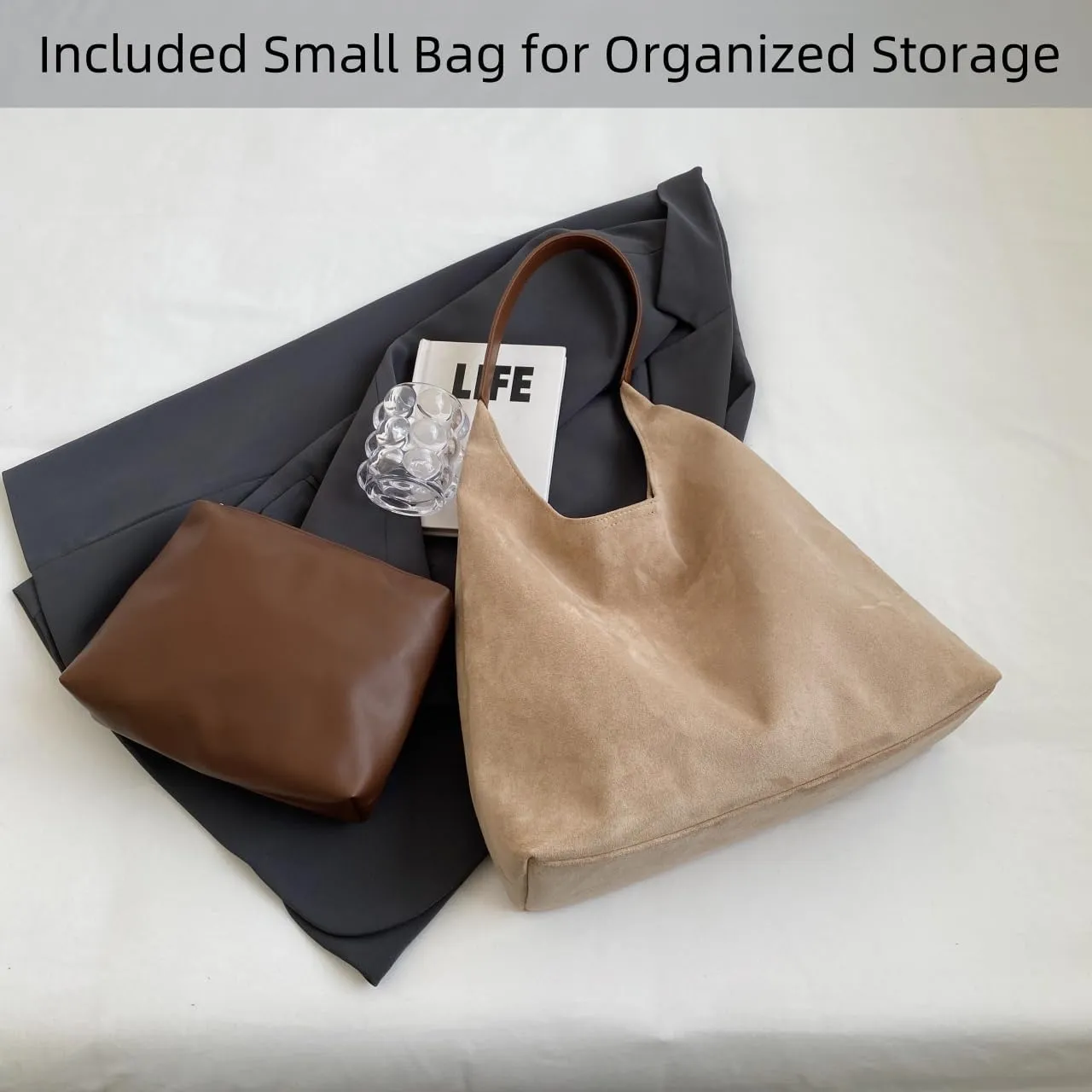 Suede Tote Bags for Women Large Slouchy Bag Retro Suede Purse Soft Hobo Handbag Office Shoulder Bag
