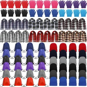 Suhine 96 Pcs Winter Homeless Care Package Supplies Bulk Warm Beanies Hat Thermal Scarf Knit Gloves Drawstring Bags, One Size