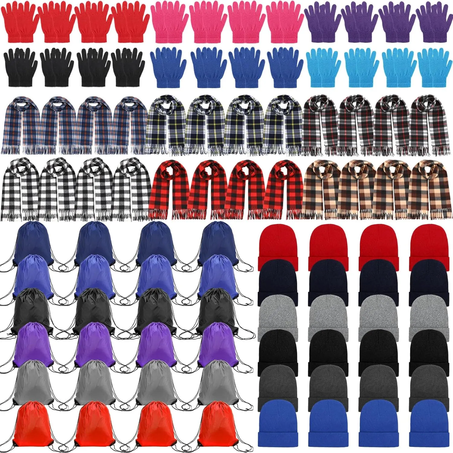 Suhine 96 Pcs Winter Homeless Care Package Supplies Bulk Warm Beanies Hat Thermal Scarf Knit Gloves Drawstring Bags, One Size