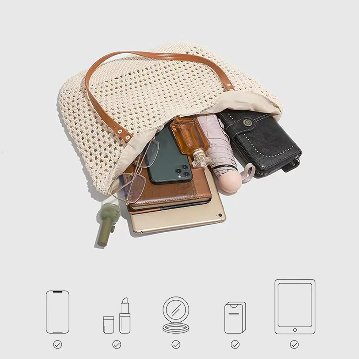 Summer Beige Cotton Knitted Shoulder Bag bags for 2025, Bohemian Hobo Crochet Beach bag Casual Designer Purse for Women