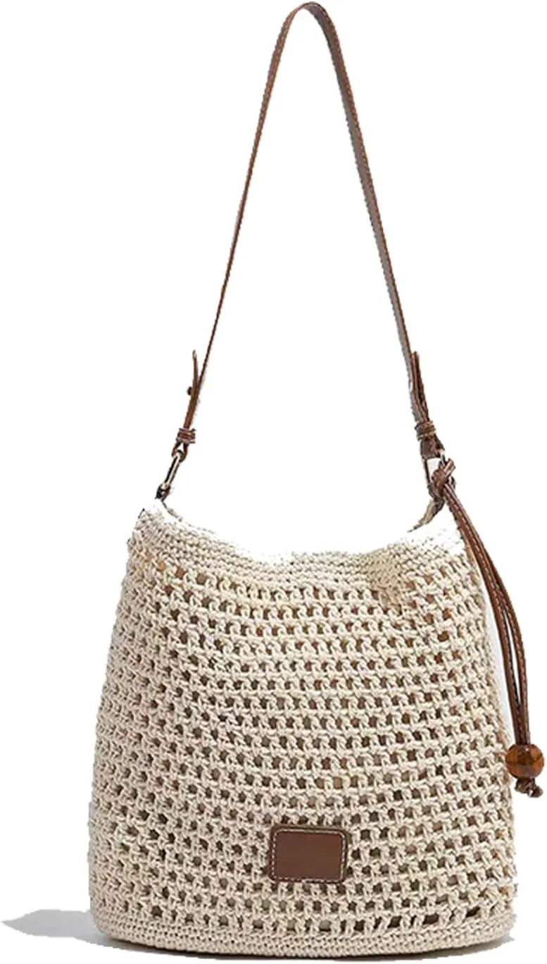 Summer Beige Cotton Knitted Shoulder Bag bags for 2025, Bohemian Hobo Crochet Beach bag Casual Designer Purse for Women