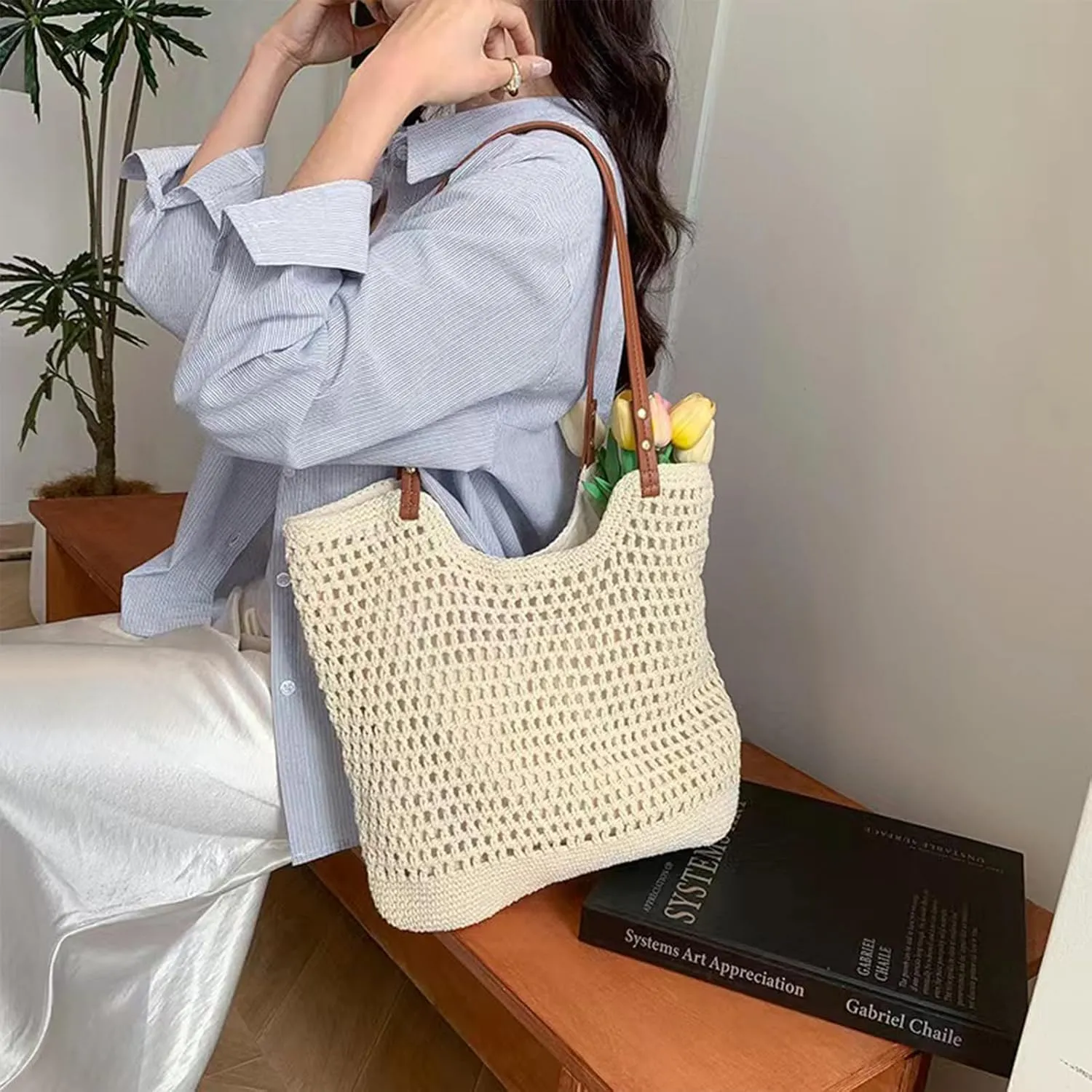 Summer Beige Cotton Knitted Shoulder Bag bags for 2025, Bohemian Hobo Crochet Beach bag Casual Designer Purse for Women