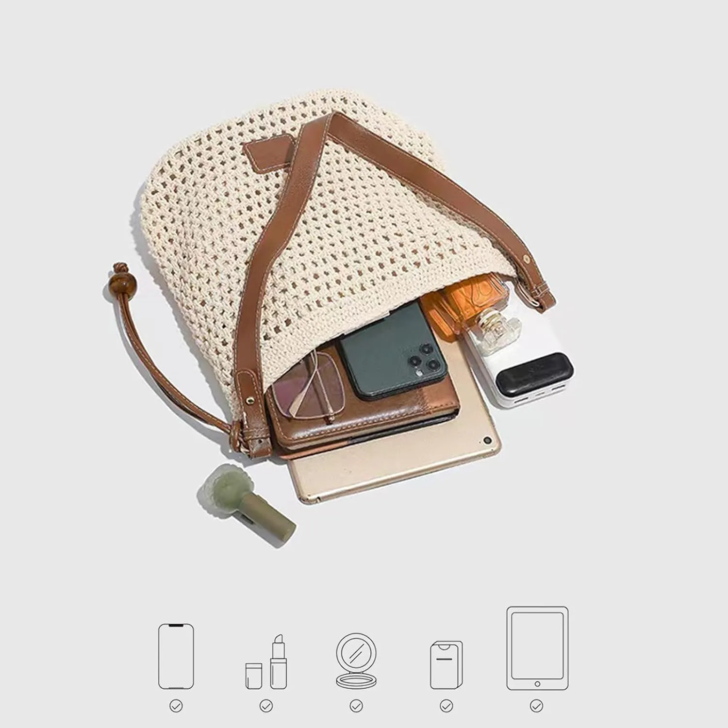 Summer Beige Cotton Knitted Shoulder Bag bags for 2025, Bohemian Hobo Crochet Beach bag Casual Designer Purse for Women