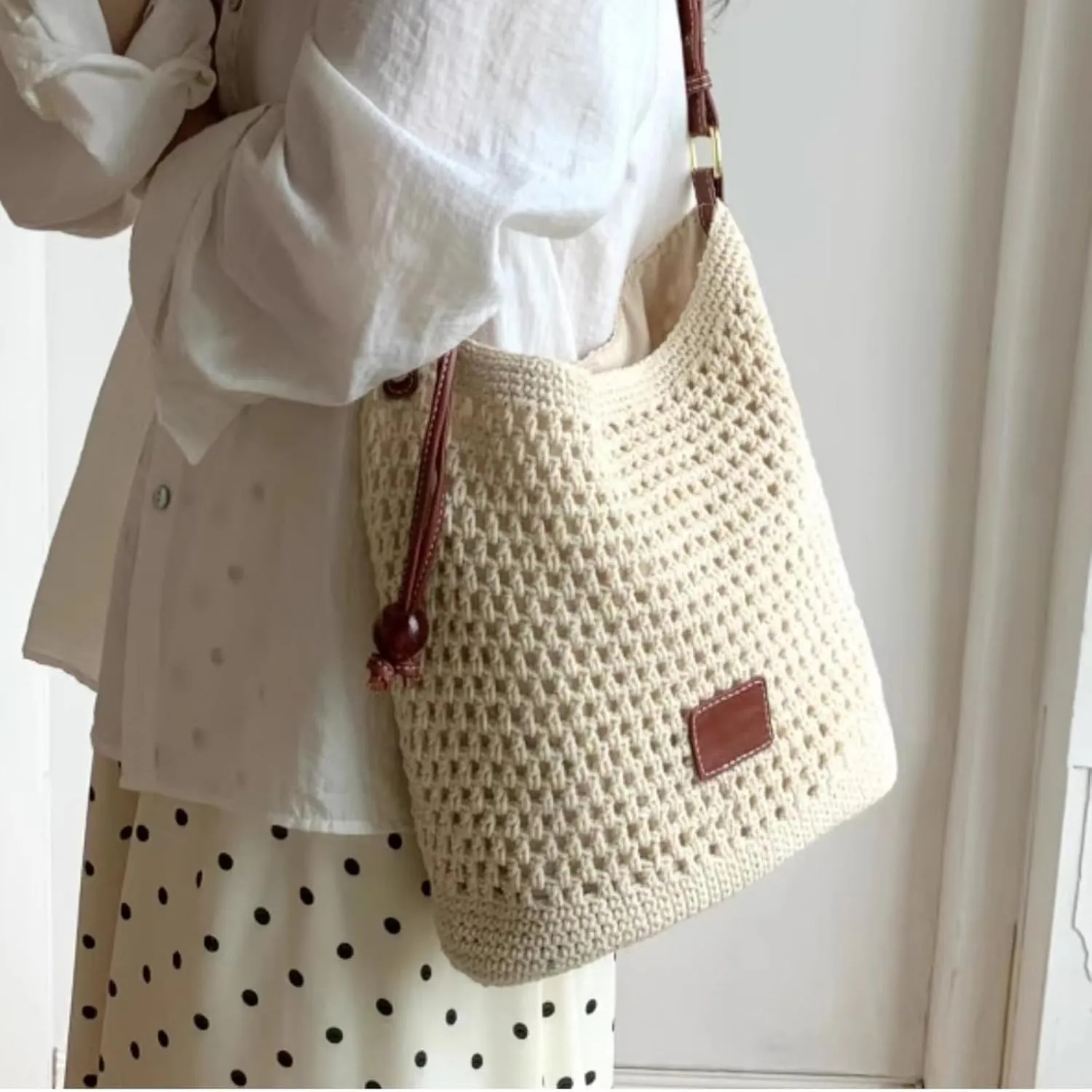 Summer Beige Cotton Knitted Shoulder Bag bags for 2025, Bohemian Hobo Crochet Beach bag Casual Designer Purse for Women
