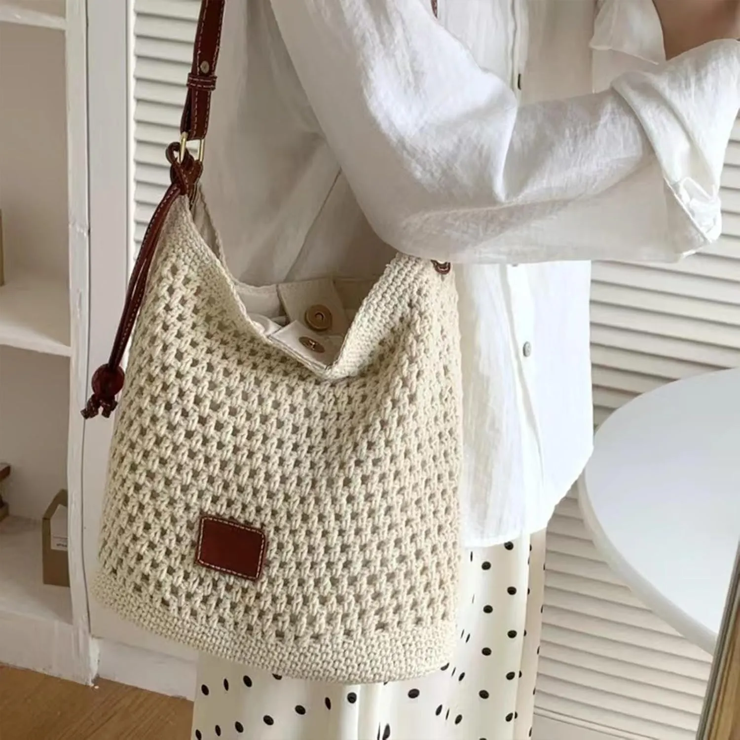 Summer Beige Cotton Knitted Shoulder Bag bags for 2025, Bohemian Hobo Crochet Beach bag Casual Designer Purse for Women