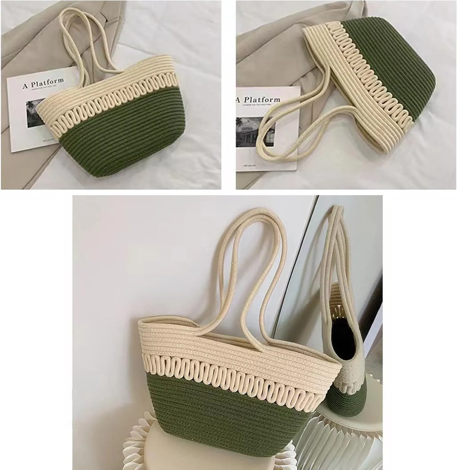 Summer Beige Cotton Knitted Shoulder Bag bags for 2025, Bohemian Hobo Crochet Beach bag Casual Designer Purse for Women