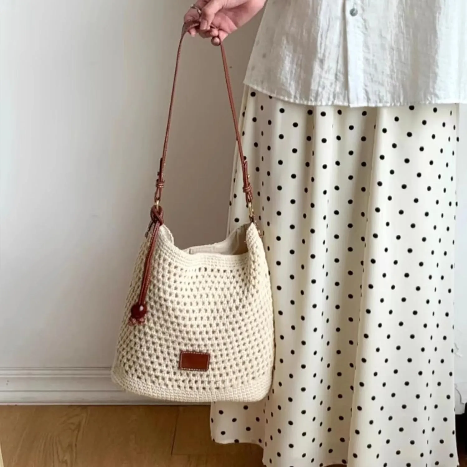 Summer Beige Cotton Knitted Shoulder Bag bags for 2025, Bohemian Hobo Crochet Beach bag Casual Designer Purse for Women