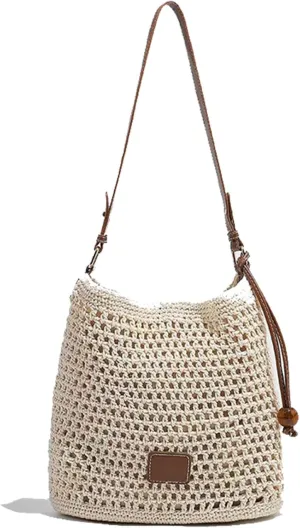 Summer Beige Cotton Knitted Shoulder Bag bags for 2025, Bohemian Hobo Crochet Beach bag Casual Designer Purse for Women