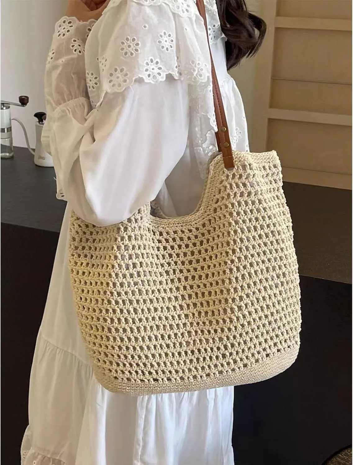 Summer Beige Cotton Knitted Shoulder Bag bags for 2025, Bohemian Hobo Crochet Beach bag Casual Designer Purse for Women