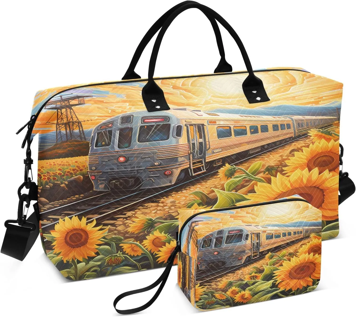 Sunflowers Beside The Train Travel Duffel Bags with Toiletry Bag and Adjustable Strap for Travel Gym Yoga