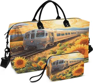 Sunflowers Beside The Train Travel Duffel Bags with Toiletry Bag and Adjustable Strap for Travel Gym Yoga