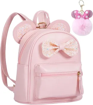Sunwel Fashion Cutest Toddler Sequin Bow Mouse Ears Bag Mini Travel Shoulder Backpack for Teen Little Girls with Pom Pom(pink)