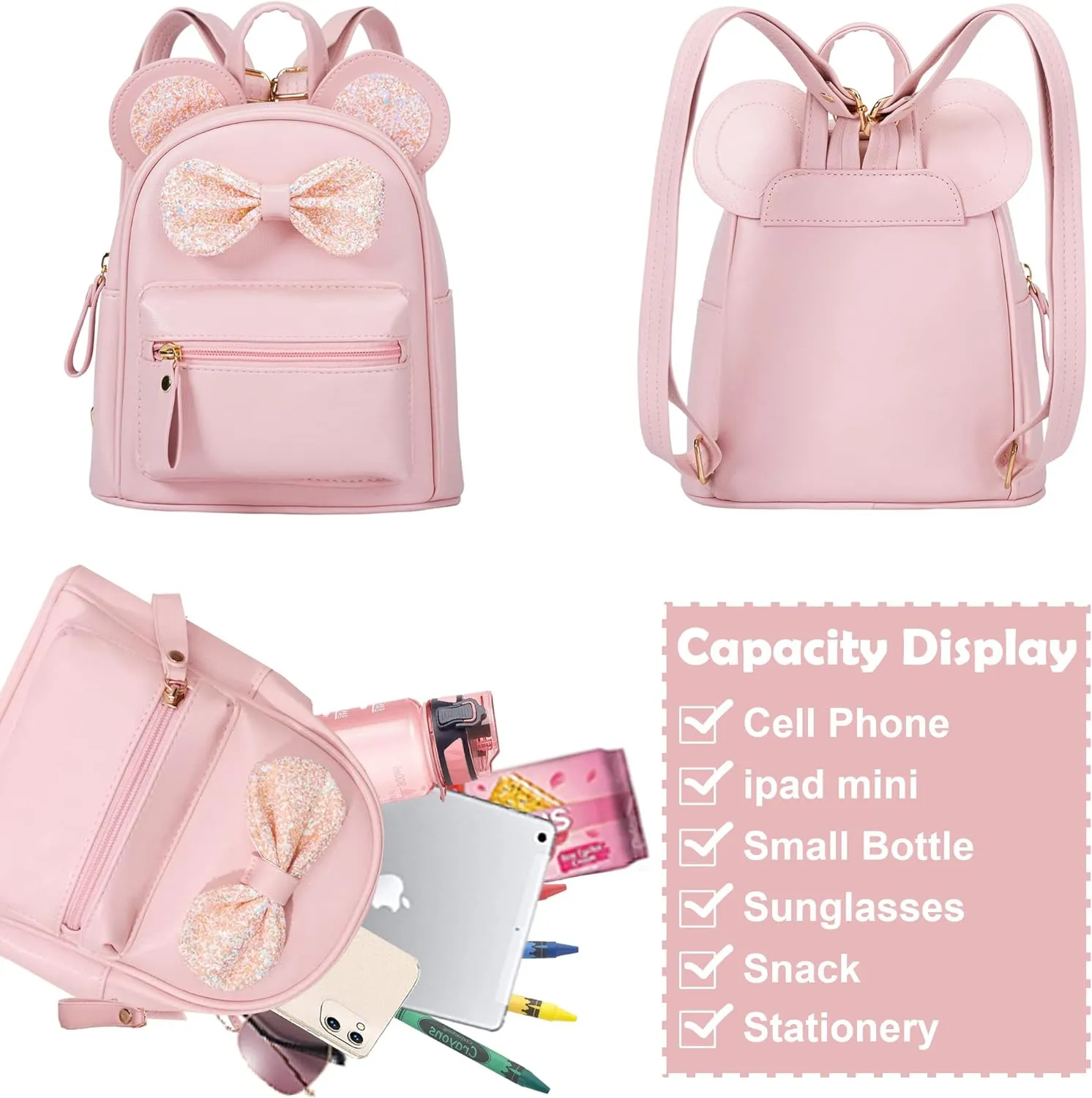 Sunwel Fashion Cutest Toddler Sequin Bow Mouse Ears Bag Mini Travel Shoulder Backpack for Teen Little Girls with Pom Pom(pink)