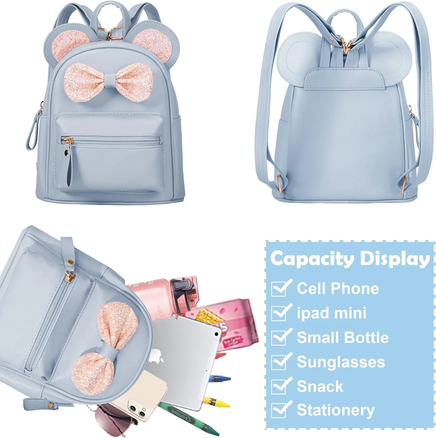 Sunwel Fashion Cutest Toddler Sequin Bow Mouse Ears Bag Mini Traveling Shoulder Backpack for Teen Little Girls with Pom Pom(light blue)