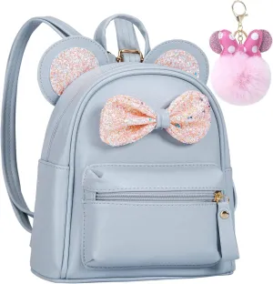 Sunwel Fashion Cutest Toddler Sequin Bow Mouse Ears Bag Mini Traveling Shoulder Backpack for Teen Little Girls with Pom Pom(light blue)