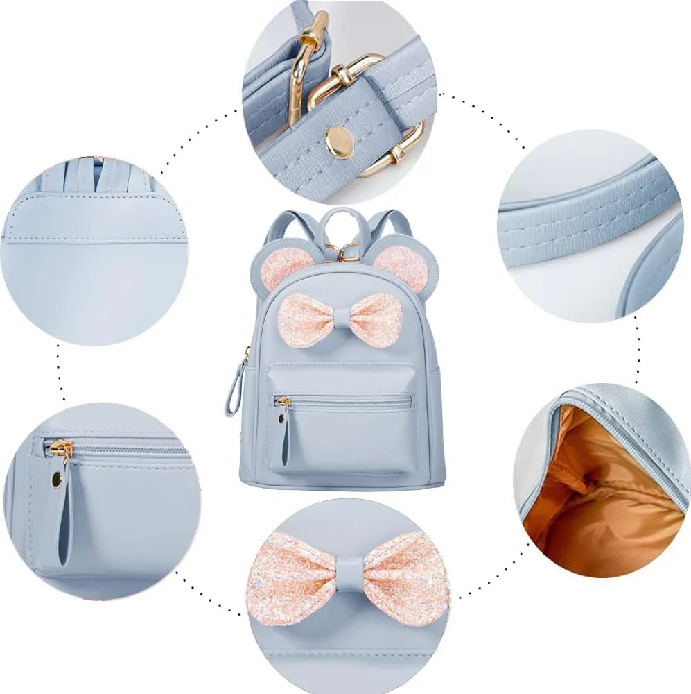 Sunwel Fashion Cutest Toddler Sequin Bow Mouse Ears Bag Mini Traveling Shoulder Backpack for Teen Little Girls with Pom Pom(light blue)