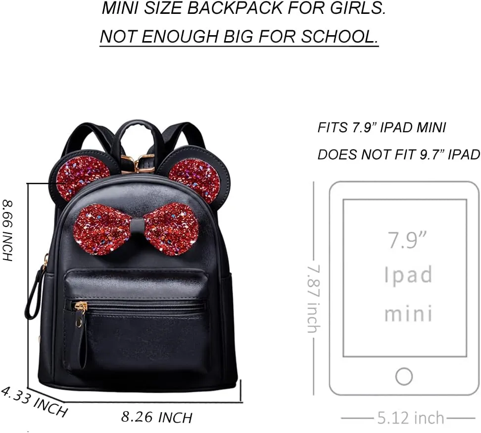Sunwel Fashion Cutest Toddler Sequin Bow Mouse Ears Bag Mini Traveling Shoulder Backpack for Teen Little Girls(black/red bow)