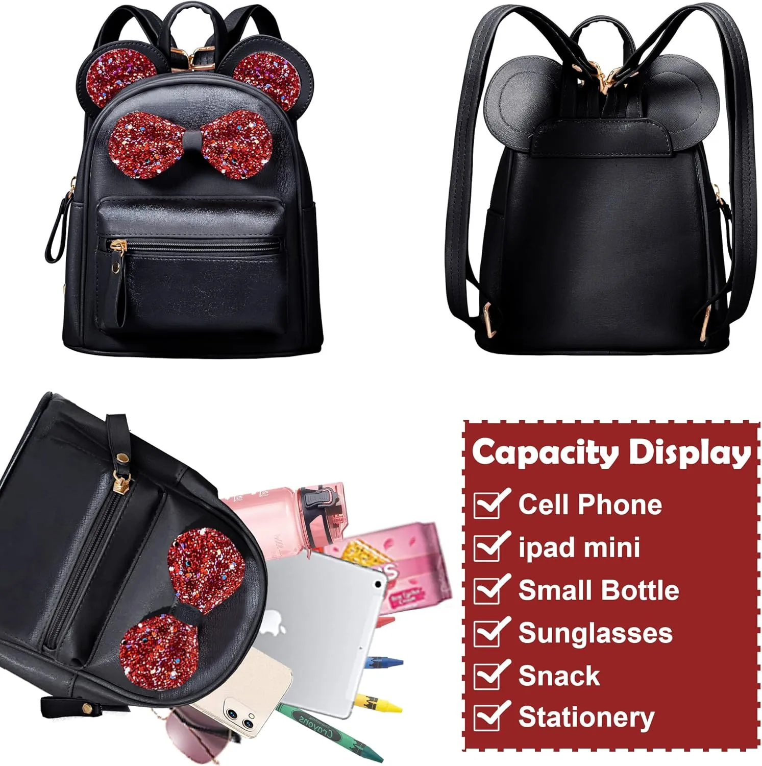 Sunwel Fashion Cutest Toddler Sequin Bow Mouse Ears Bag Mini Traveling Shoulder Backpack for Teen Little Girls(black/red bow)