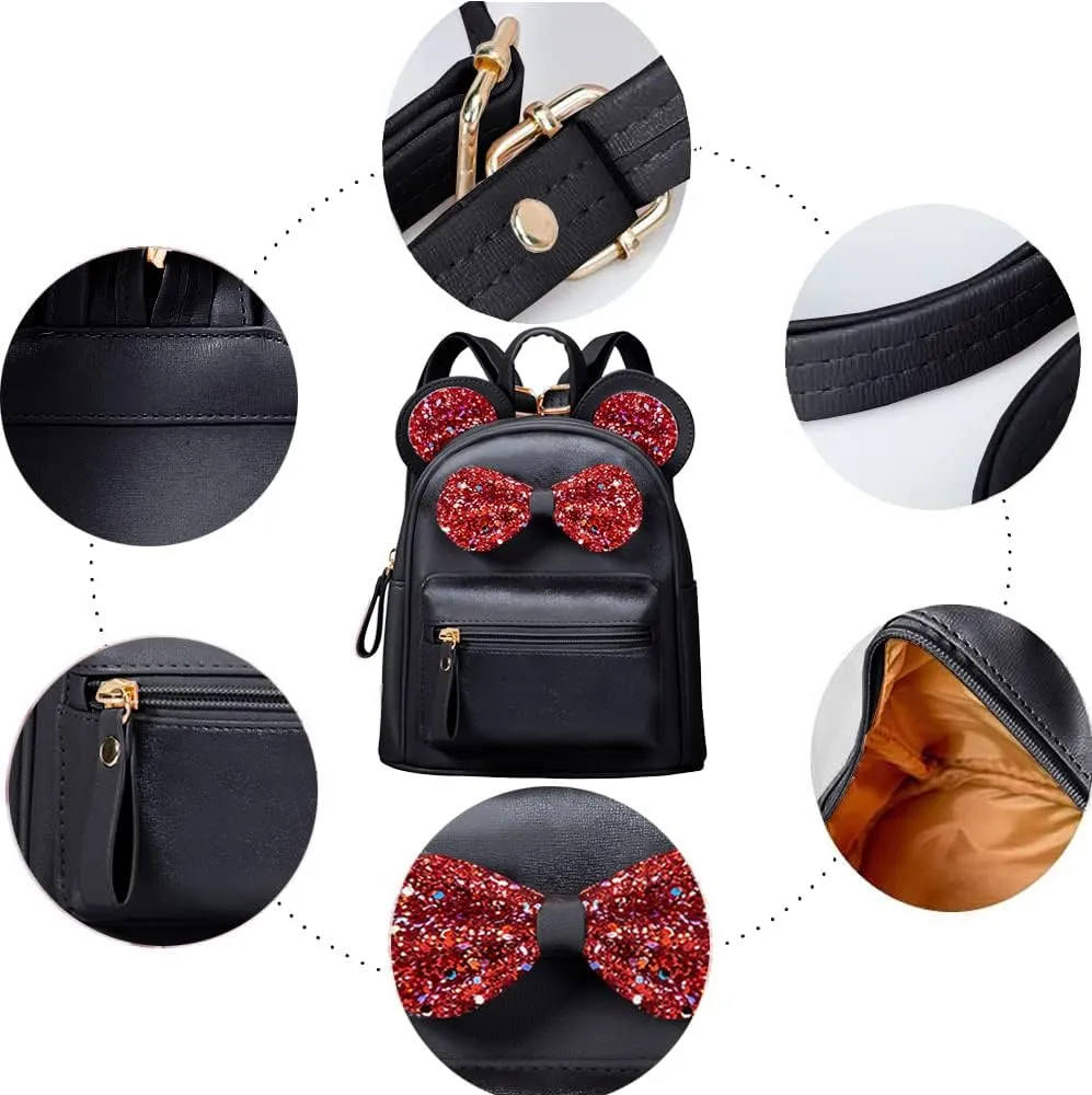 Sunwel Fashion Cutest Toddler Sequin Bow Mouse Ears Bag Mini Traveling Shoulder Backpack for Teen Little Girls(black/red bow)