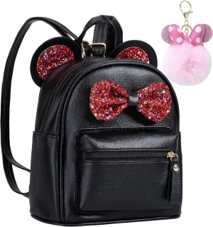 Sunwel Fashion Cutest Toddler Sequin Bow Mouse Ears Bag Mini Traveling Shoulder Backpack for Teen Little Girls(black/red bow)