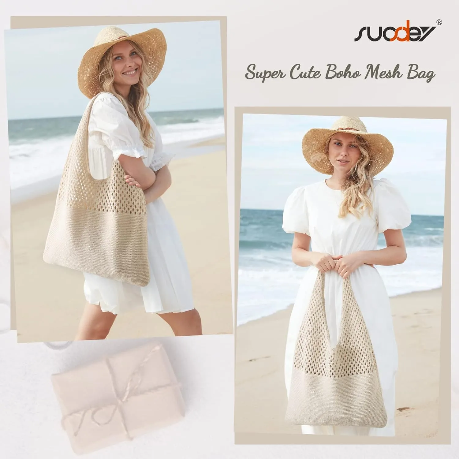 SUOSDEY Crochet Mesh Beach Tote Bag, Knit Summer Vacation Aesthetic Boho Tote Bag for Women