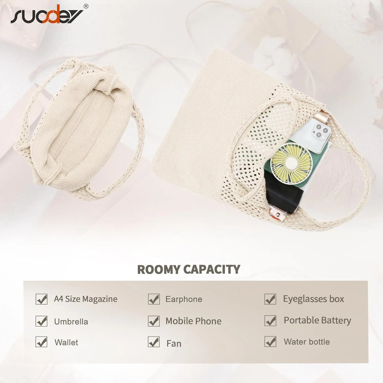 SUOSDEY Crochet Mesh Beach Tote Bag, Knit Summer Vacation Aesthetic Boho Tote Bag for Women