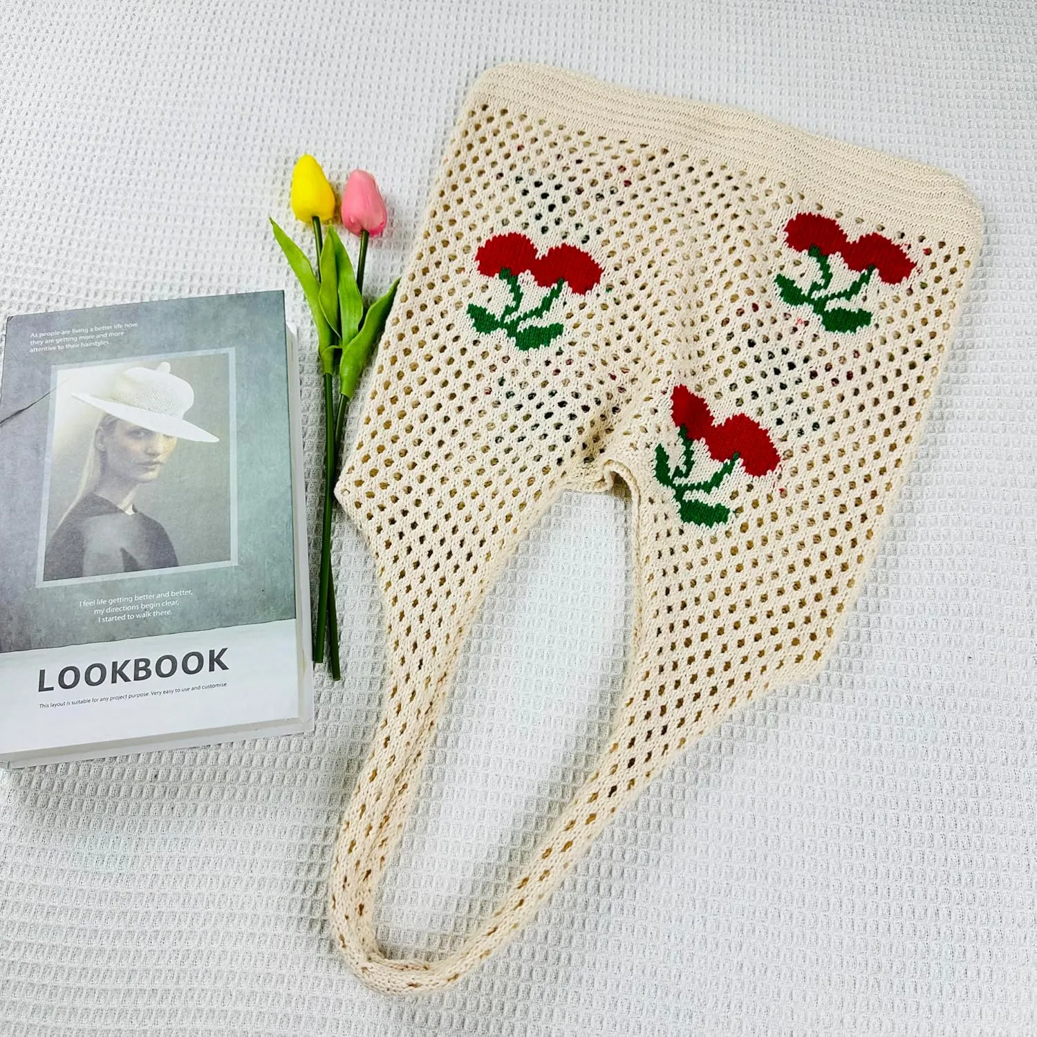 SUOSDEY Crochet Mesh Beach Tote Bag, Knit Summer Vacation Aesthetic Boho Tote Bag for Women