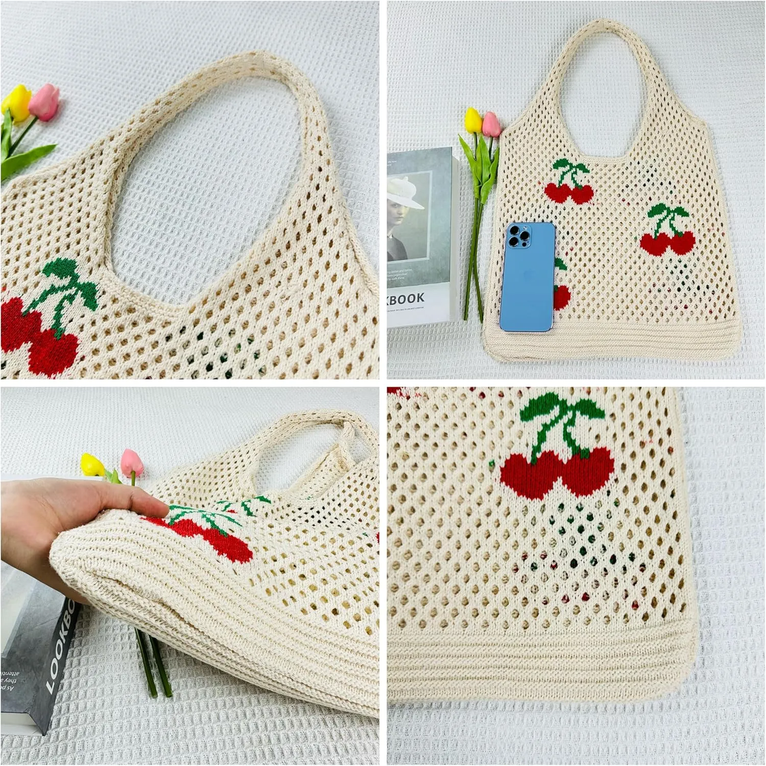 SUOSDEY Crochet Mesh Beach Tote Bag, Knit Summer Vacation Aesthetic Boho Tote Bag for Women