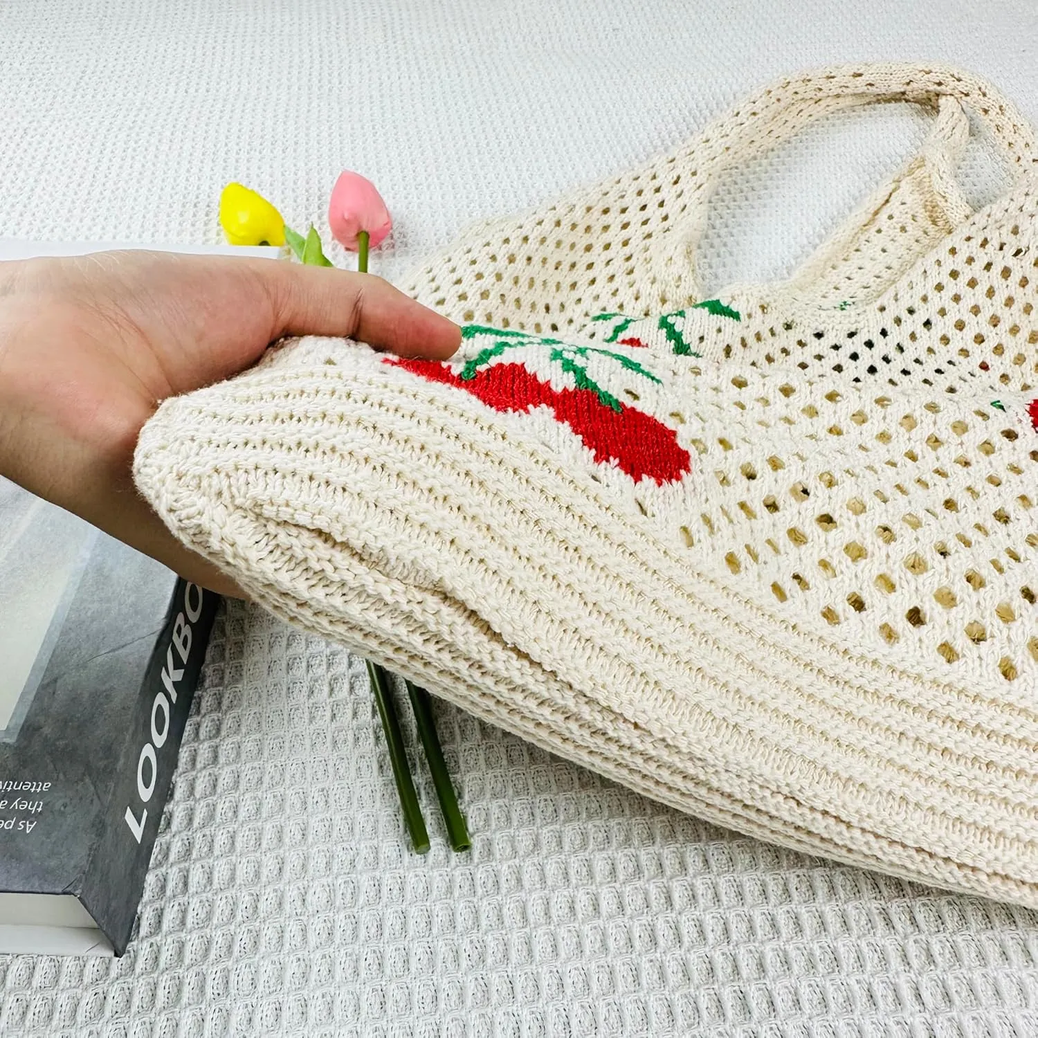 SUOSDEY Crochet Mesh Beach Tote Bag, Knit Summer Vacation Aesthetic Boho Tote Bag for Women