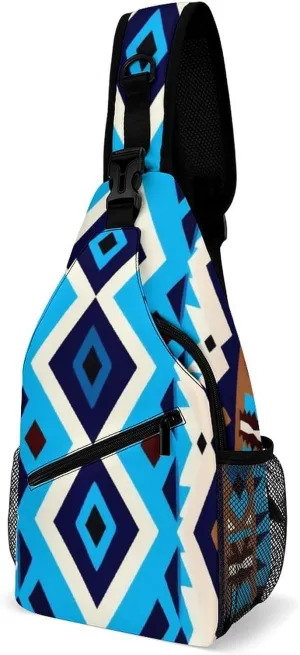 Supdreamc Men's Sling Bag Backpack Foldable Breathable Chest Sling Shoulder Backpacks Bags - Blue Geometric Tribal Navajo Aztec Ethnic Multipurpose Anti-Theft Backpacking Bookbag